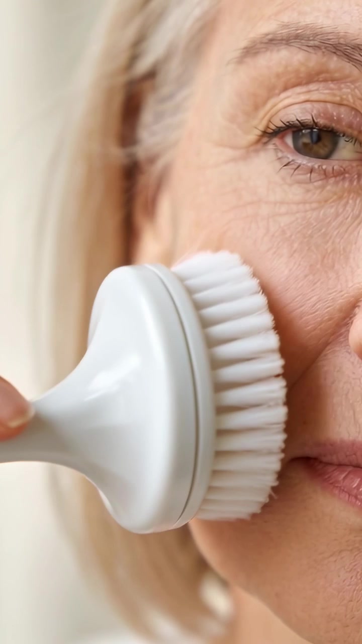 Vertical video: Bringing brush, senior pressing across right cheek at home for skincare, copy space