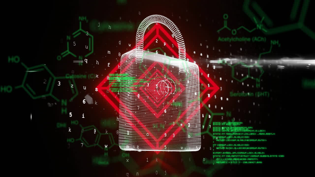 Wireframe padlock with red shield floating over dark UI, showing green code and molecule diagrams