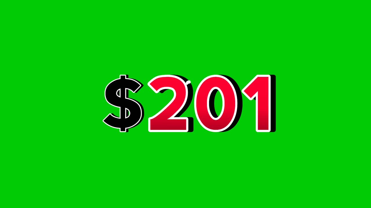 Animation number $201 dollar sign motion graphics with smoke effect green screen background vibrant red numbers. Video 3D effect with shadows for video elements business concept