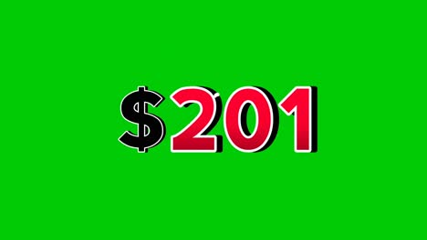 animation number $201 dollar sign motion graphics with smoke effect green screen background vibrant red numbers. video 3d effect with shadows for video elements business concept