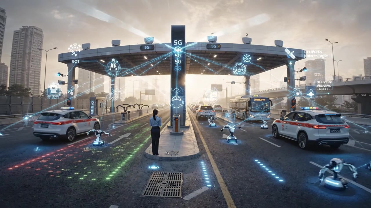 Futuristic Traffic Control Scene Showcasing Advanced 5G Technology with Autonomous Vehicles and Smart Infrastructure at a Modern Toll Station