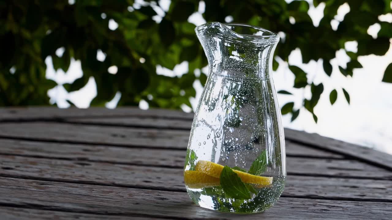 Glass carafe with refreshing infused water, containing lemon slices and mint leaves, sits on a weathered wooden table, with a blurred backdrop of green foliage