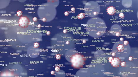 animación de texto y células de covid-19 flotando sobre manchas azules de luz sobre fondo azul