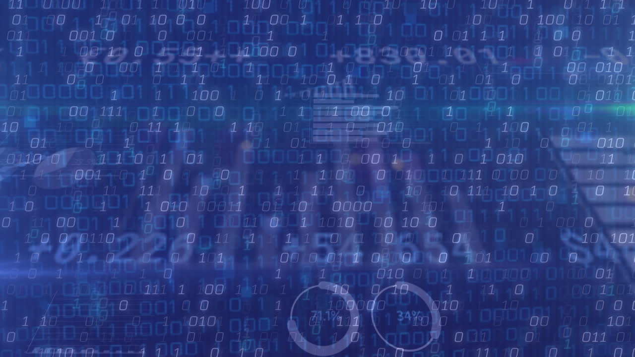 animación del procesamiento de datos sobre el mercado de valores y la codificación binaria.