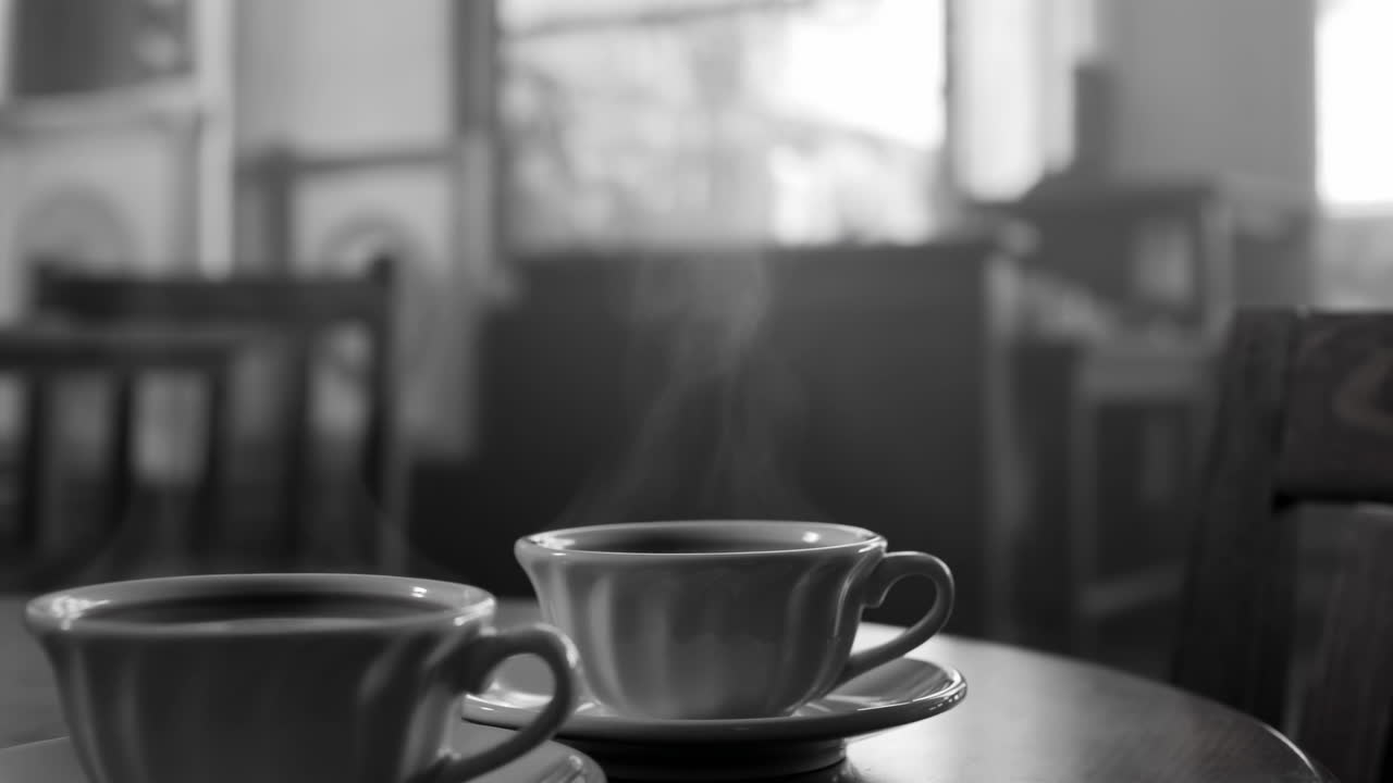 Damp stiger fra to kaffekopper på rundt trebord i tom vintagekafé, mykt sollys gjennom vinduet