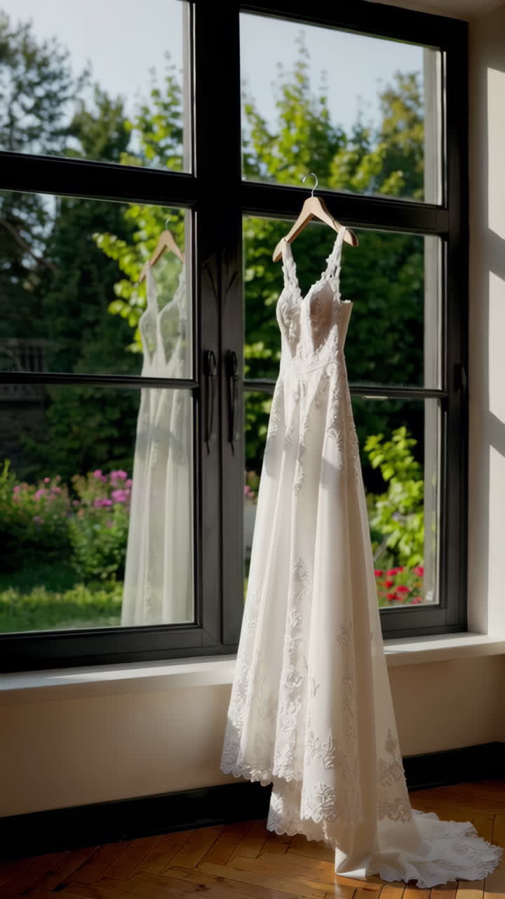 Elegant Wedding Dress Hanging by Window