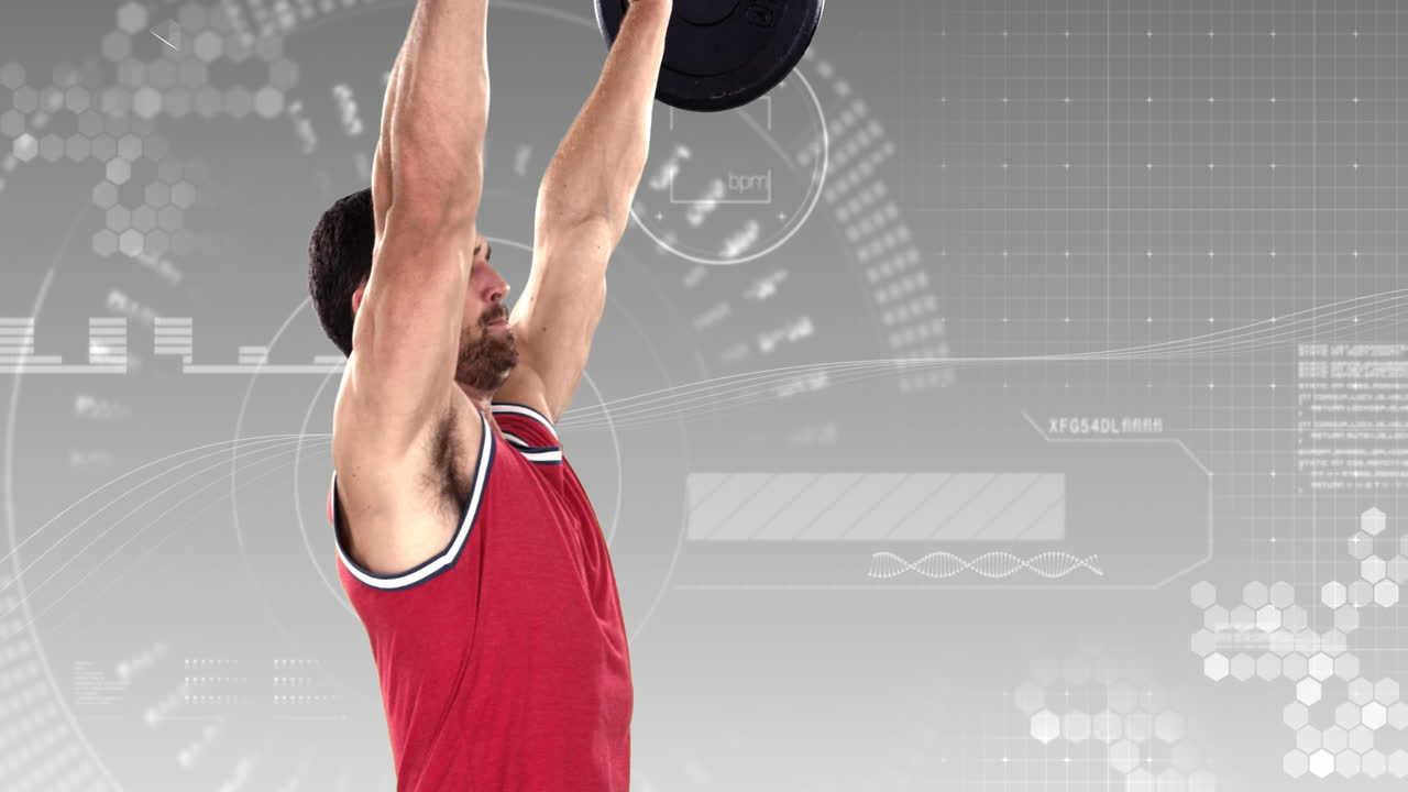 애니메이션 배경 에 무거운 바벨 무게 를 들어 올리는 보디빌더