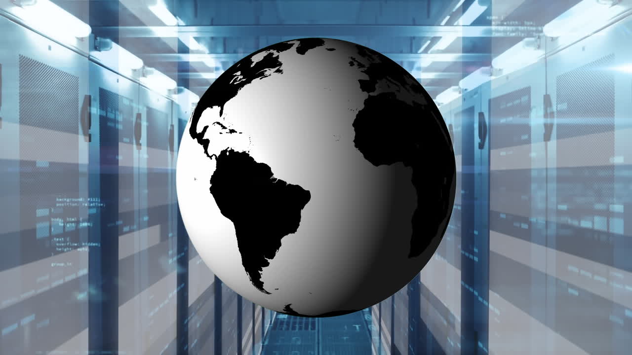 Animation of data processing and globe over server room
