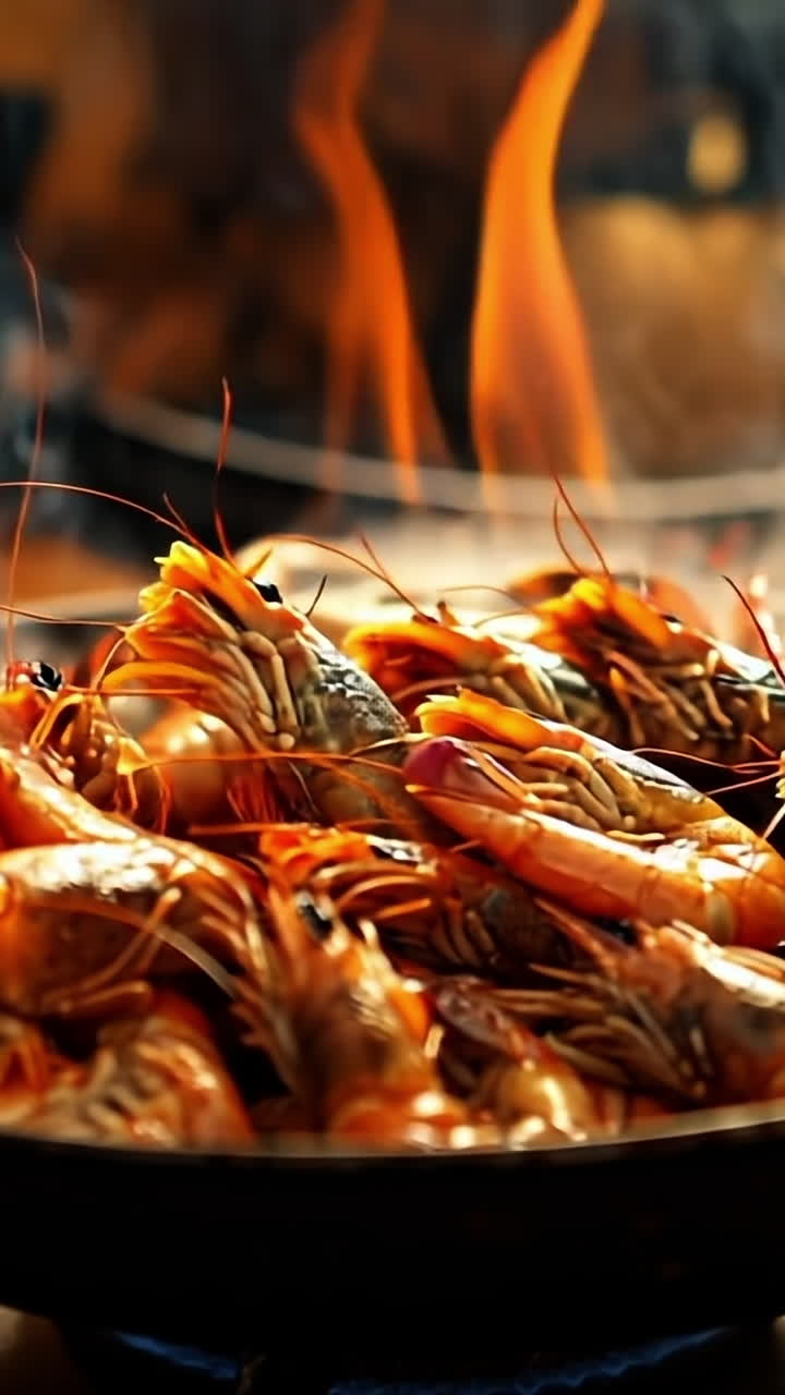 Night shrimp cooking in chaos. Shrimp sizzle in a frying pan as smoke and flames rise in a busy kitchen during dinner preparation.