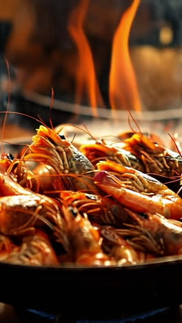 night shrimp cooking in chaos. shrimp sizzle in a frying pan as smoke and flames rise in a busy kitchen during dinner preparation.
