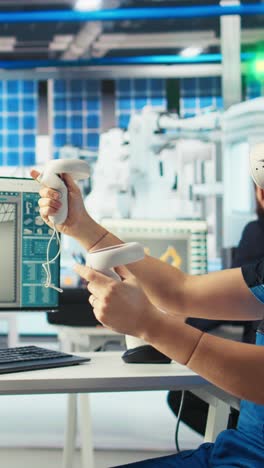 vertical video photovoltaics factory technician using vr headset to adjust system parameters