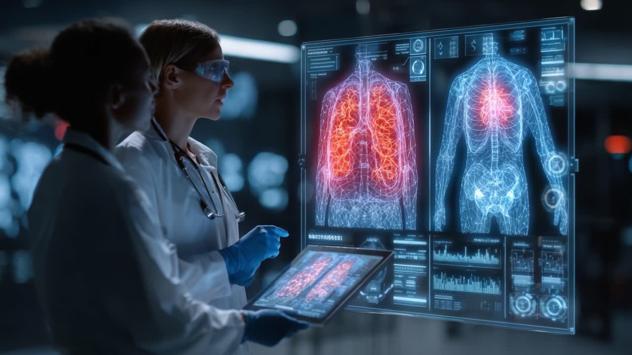 Medical Professionals Analyzing Advanced Body Imaging Data and Diagnostics for Enhanced Patient Understanding and Treatment Strategies in a High-Tech Facility