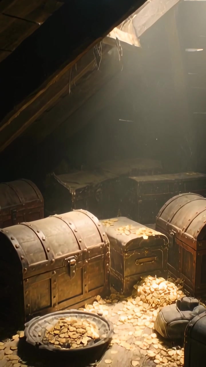 Video vertical: Cámara descendiendo mostrando cofres metálicos con monedas derramándose sobre el suelo de un loft, un cuenco.