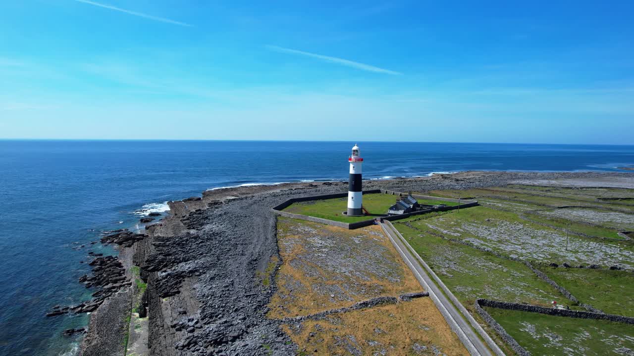 Drone circling lighthouse on Inisheer Aran Islands Ireland epic locations