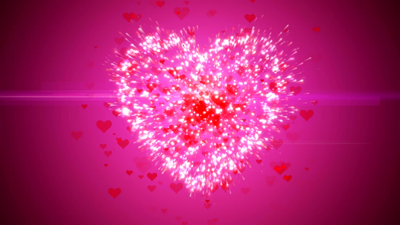 Motion background, Red pink heart shape particle explosion. Light ray beam effect.