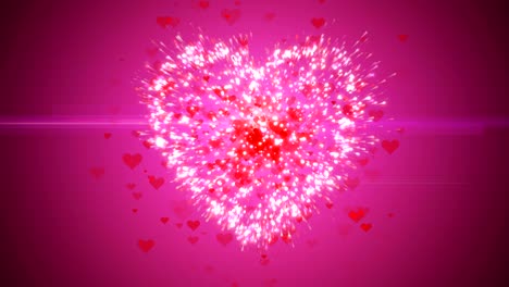 motion background, red pink heart shape particle explosion. light ray beam effect.