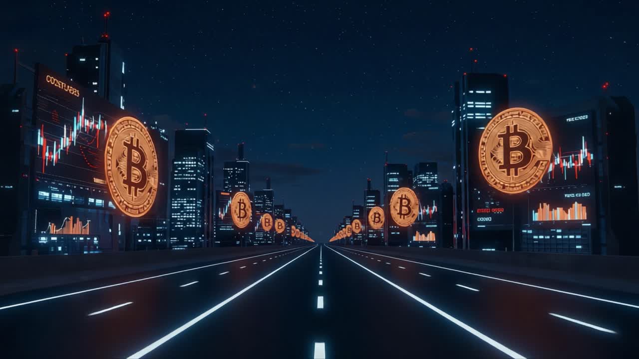 Futuristic Cityscape Embracing Cryptocurrency: A Glimpse into a Bitcoin-Dominated Urban Landscape at Night with Glowing Digital Billboards