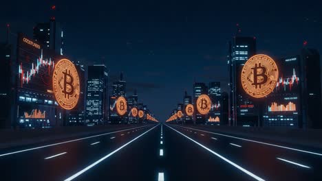 futuristic cityscape embracing cryptocurrency: a glimpse into a bitcoin-dominated urban landscape at night with glowing digital billboards