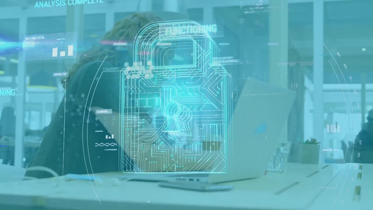 Animation of online security padlock and data processing over businesswoman using laptop