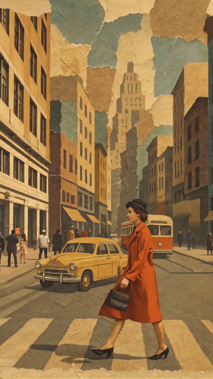 Vintage-style cityscape with a woman crossing the street