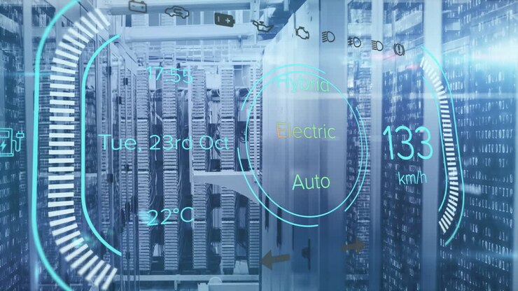 Animation of electric car charge digital data processing over computer servers