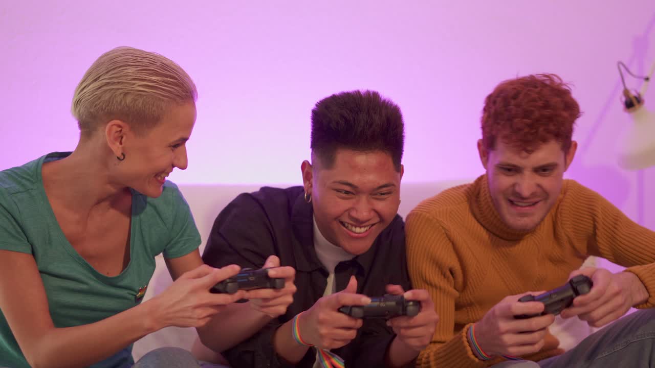 Diverse Group of Friends Playing Video Games Together