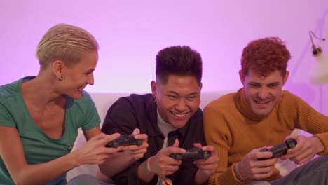 diverse group of friends playing video games together