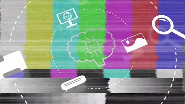 Stroke appearing, forming AI cloud, icons orbiting dashed guides, showing services over color bars