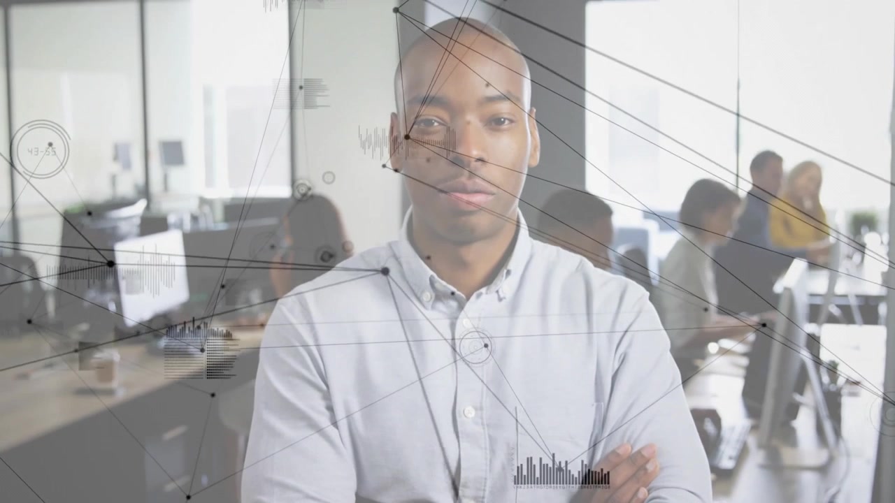 Camera panning up revealing tech manager with network graph converging around head showing strategy