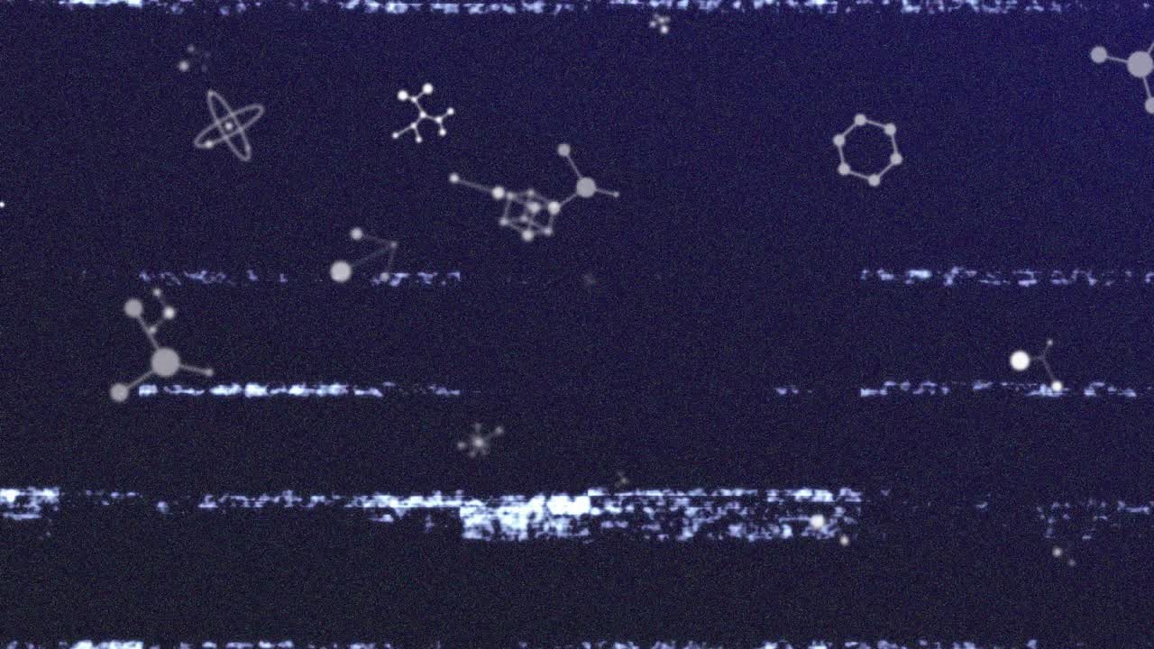 Glitch lines starting holo UI animating across screen, molecular nodes pulsing, map revealing stats