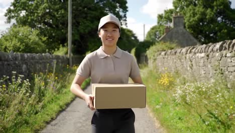 a smiling delivery person carries a package down a scenic countryside path surrounded by greenery and wildflowers, radiating joy and commitment to service