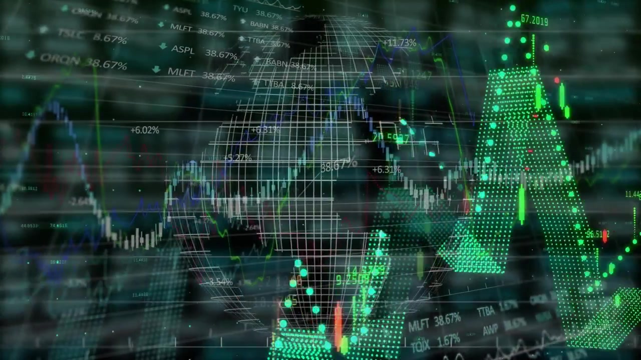 3D wireframe globe floating in center showing trading charts and candlestick bars over teal grid