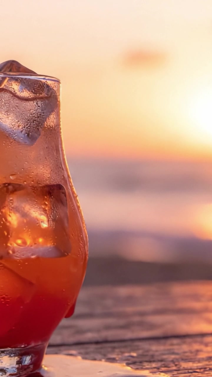 Una bevanda rinfrescante al tramonto catturata al crepuscolo: bellissimo bicchiere pieno di ghiaccio e bevanda colorata sullo sfondo di un glorioso tramonto sulla spiaggia.