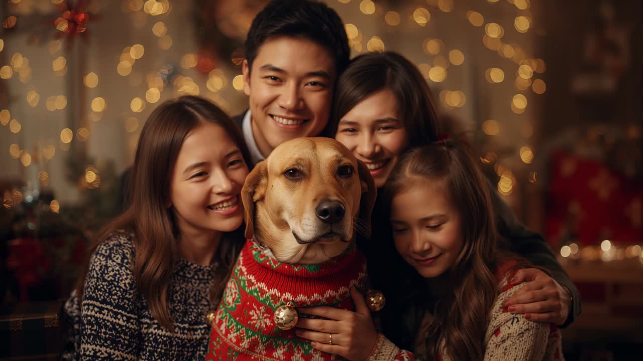 Forming circle around Labrador wearing knitted sweater in living room, family securing jingle bell