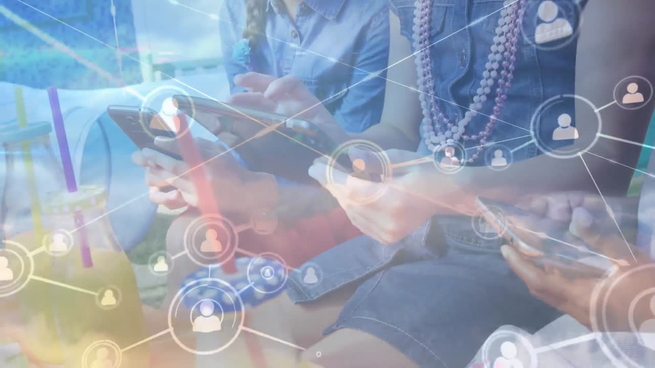 Network of connection icons against group of woman using electronic devices