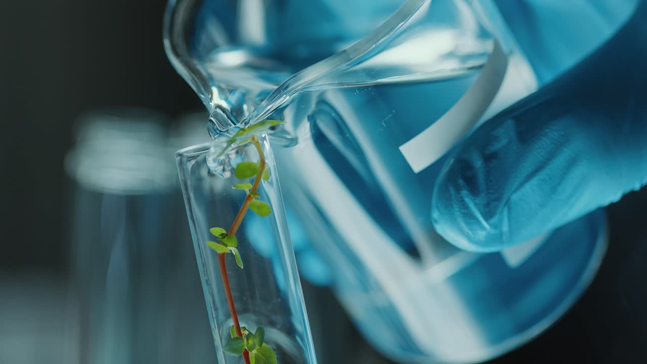 Laboratory Scientist Pouring Water into Test Tube with Green Sprout