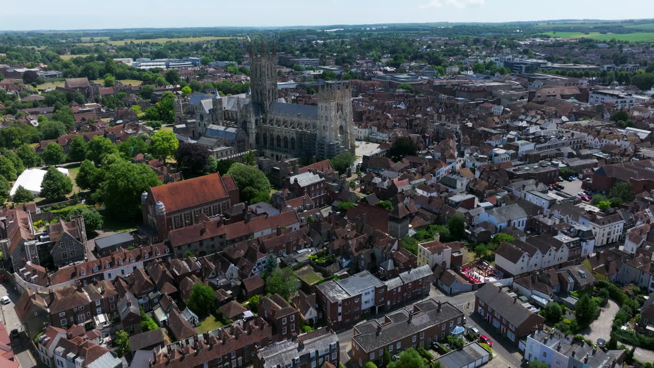 Flying Towards The Canterbury Cathedral From Solly's Orchard Park In Canterbury, Kent, England, UK. - aerial shot