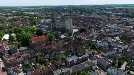 flying towards the canterbury cathedral from solly's orchard park in canterbury, kent, england, uk. - aerial shot