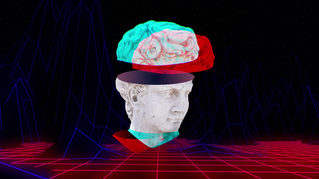 animación de una escultura de cabeza antigua con fondo de metaverso de cuadrícula.