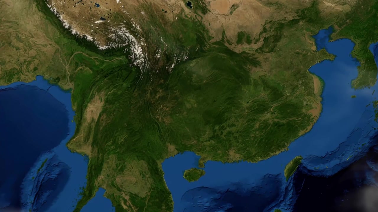 宇宙から東アジアへズームインし、中国の安順市を特定する衛星カメラ映像。NASAのパブリックドメイン画像を使用
