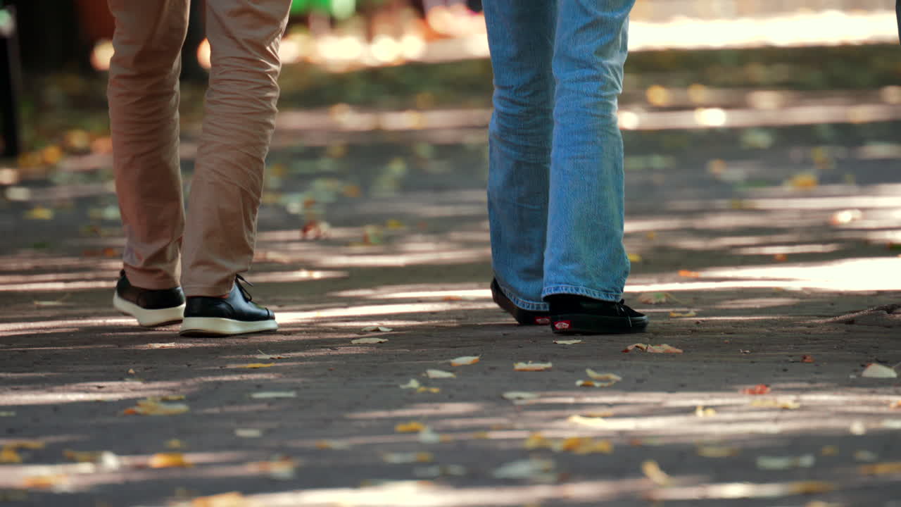 Close up of people's feet walking on a leaf covered path in the park