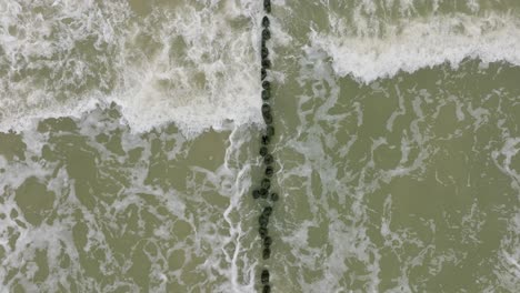 Aerial-birdseye-view-of-Baltic-sea-coast-on-a-overcast-day,-old-wooden-pier,-white-sand-beach,-large-storm-waves-crushing-against-the-coast,-climate-changes,-wide-drone-shot-moving-backward