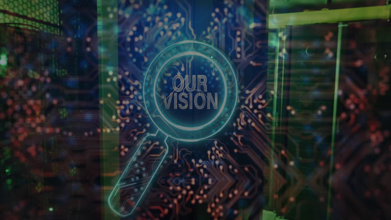 animación de nuestro texto de visión sobre vidrio de lectura y sala de servidores