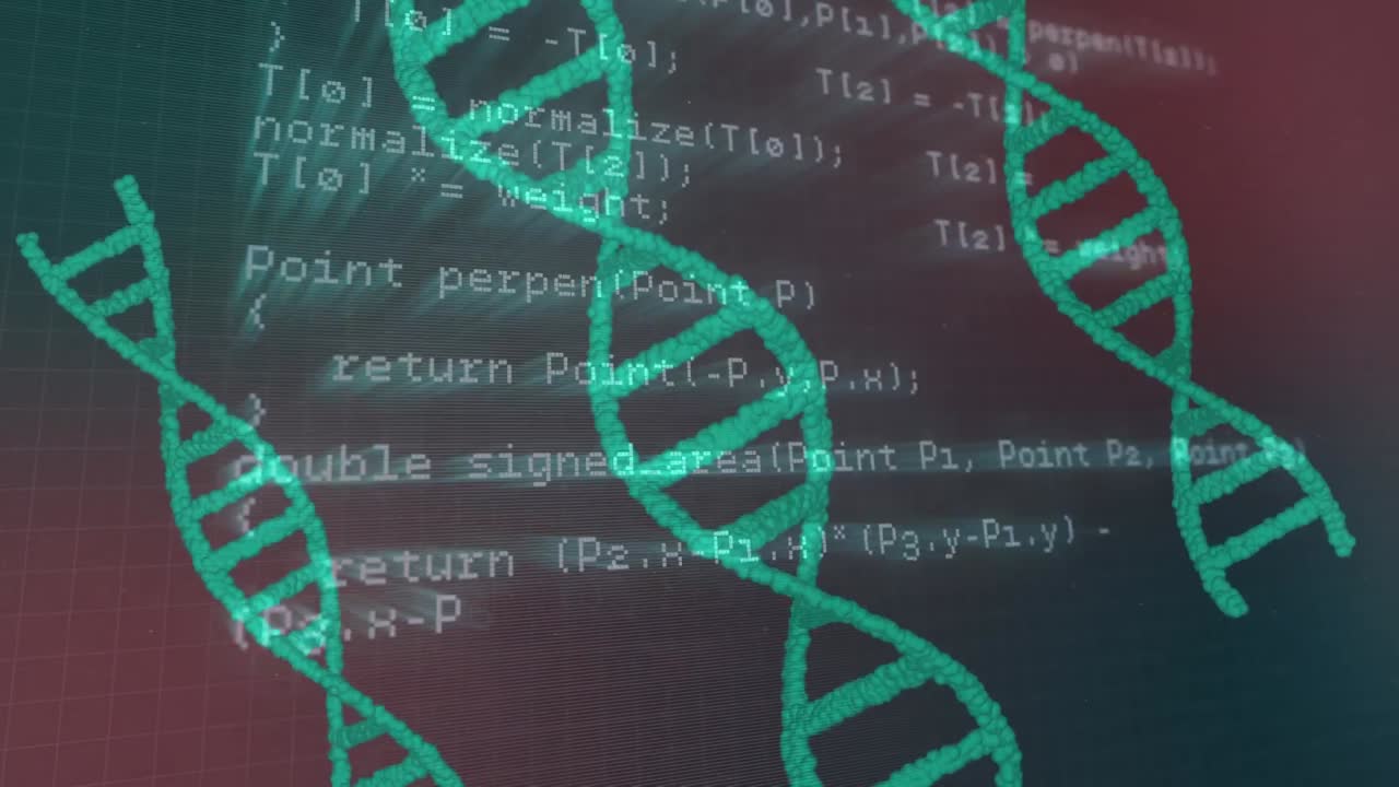 3개의 dna 구조가 그라디언트 배경에 대한 데이터 처리를 회전합니다.