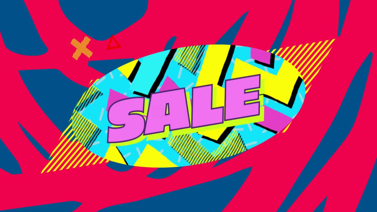 gráfico de venta en óvalo azul con fondo rojo y azul 4k