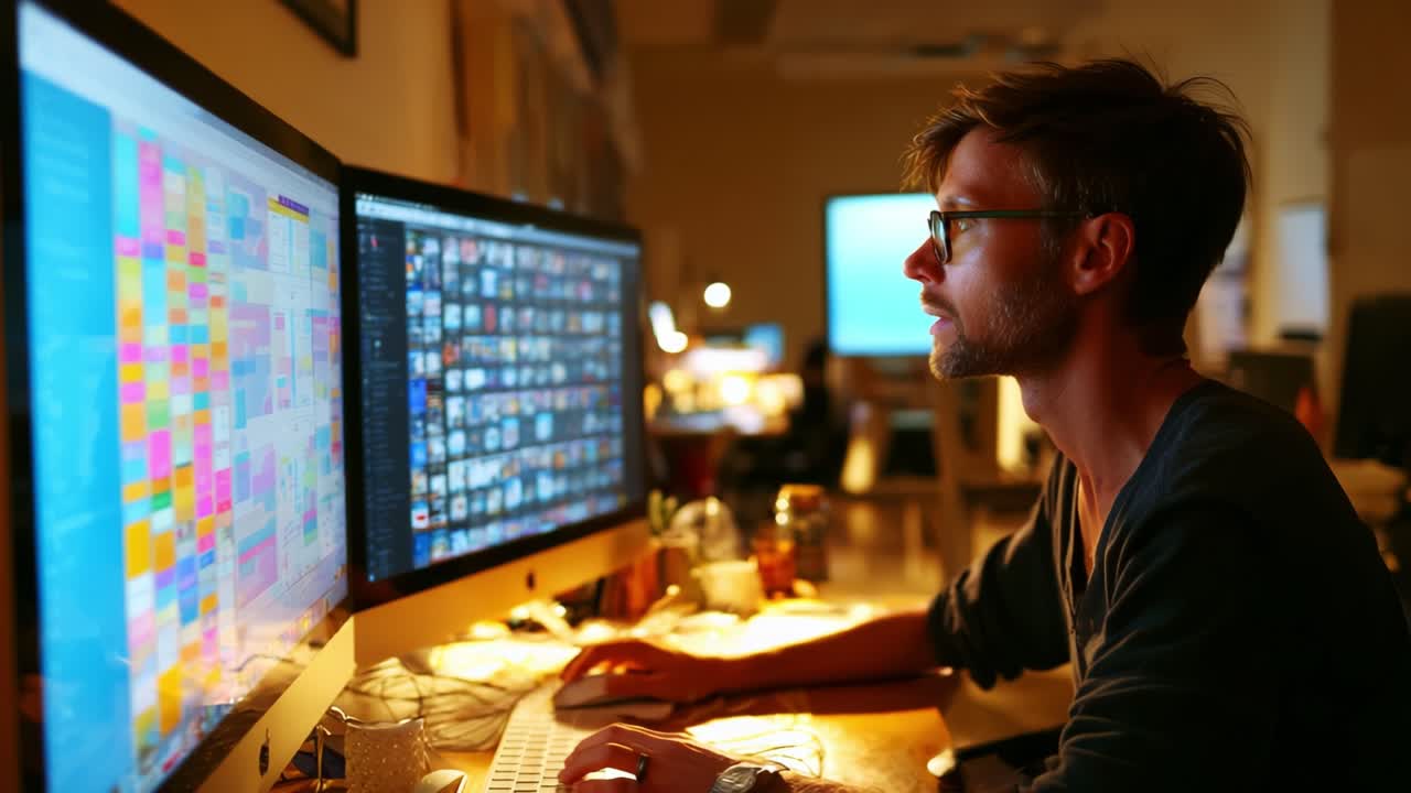 Focus on Creativity: A Young Professional Engaged in Digital Work at a Modern Workspace Surrounded by Multiple Computer Screens Featuring Colorful Data Visualizations