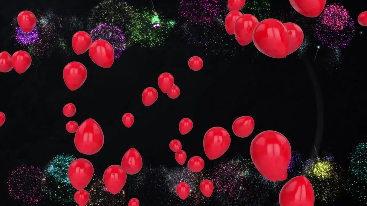 Animación de globos rojos y fuegos artificiales sobre fondo negro