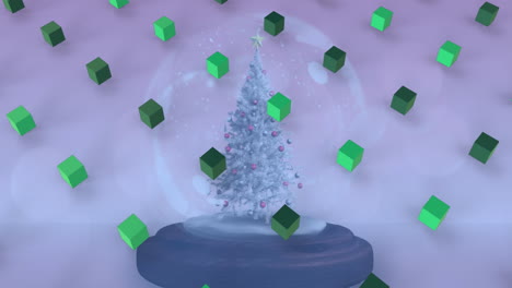 animation of green 3d cube icons in seamless pattern over christmas tree icon in a snow globe