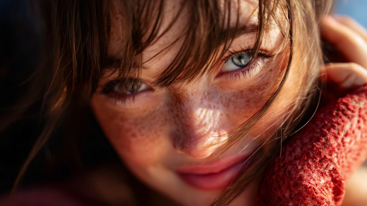Captivating Close-up Portrait of a Young Woman with Freckles, Radiant Blue Eyes and Soft Expression, Highlighting Natural Beauty and Elegance in Every Detail