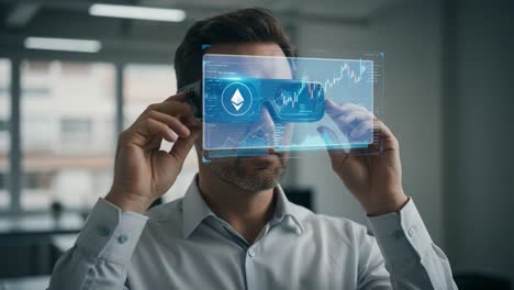 an innovative professional analyzing blockchain data with augmented reality glasses for real-time financial insights and cryptocurrency trends in the modern workspace